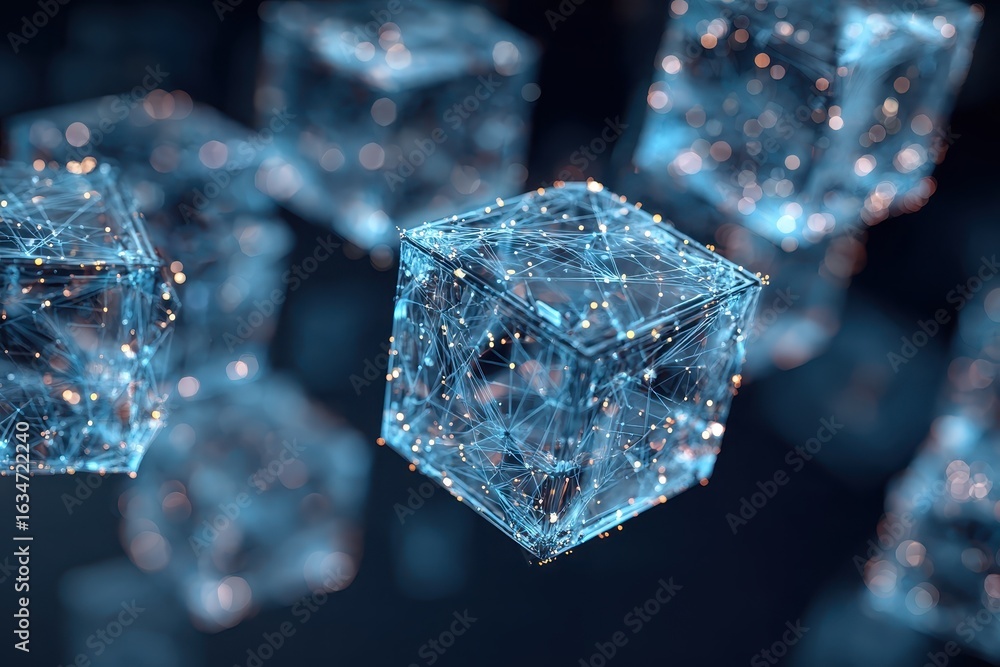 Poster digital cubes form an intricate network illustrating futuristic technology and connectivity in a vir