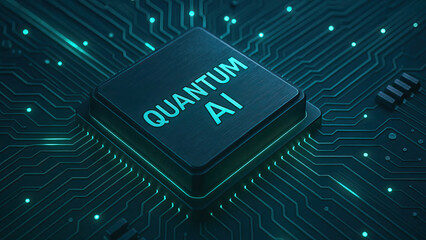 Quantum AI microchip on futuristic circuit board with glowing blue lines, symbolizing advanced technology and artificial intelligence innovation in computing