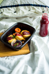 Healthy ready meals in eco and plastic containers: salads, soups, rice bowls, sandwiches and...