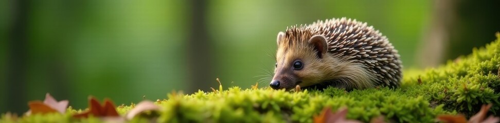 European hedgehog resting on mossy wood, soft focus background, animal photography, spiky