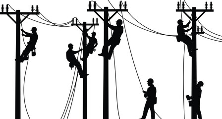 Electrical lineworkers silhouette, utility pole workers, power line maintenance, climbing linemen, electric repair, energy workers, cable technicians, high voltage safety