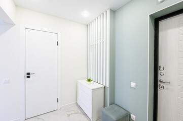 bright hallway featuring two white doors, one with geometric design, a white dresser with a plant, a green ottoman, and light-colored walls