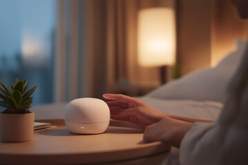 Neurodivergent adult prepares hotel room for sensory-friendly sleep with white noise and soft lighting