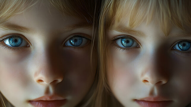 dos hermanas gemelas con ojos claros de tez clara hermosas mirando a la camara atractivas 