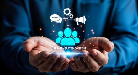 Hands holding glowing icons representing user generated content, communication, and community engagement in social media marketing