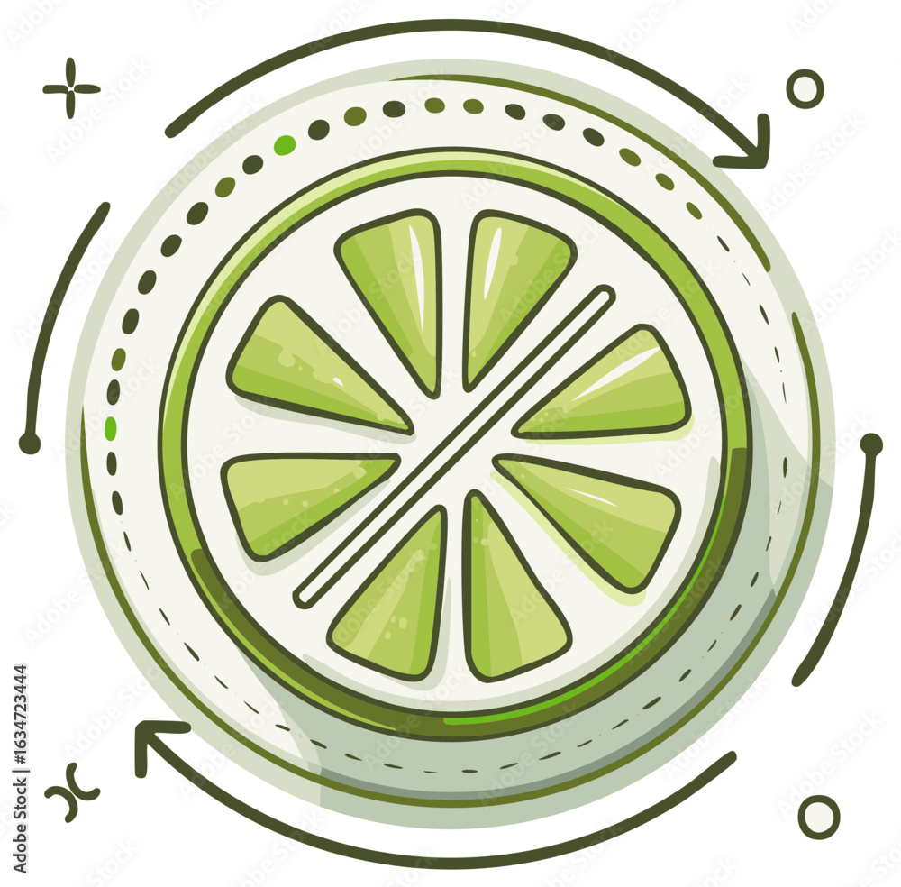 Poster lime slice design element with arrows and dots around the edge. modern fruit illustration.
