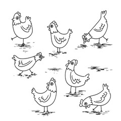 Fototapeta premium hand-drawn collection of whimsical chicken, rooster, hen, and chick illustrations. agriculture, poultry farming, rural life, and rustic decor