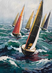 Oil painting wall art, of sailboats racing on a choppy and windy sea.