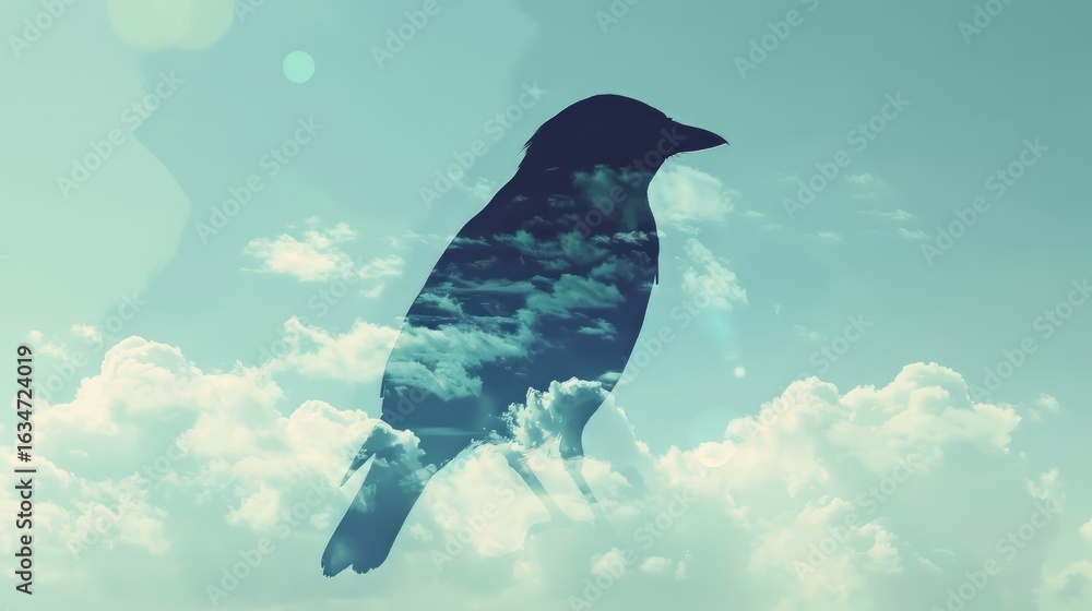 Poster the image is a double exposure composition of a bird silhouette filled with a serene clouds scene