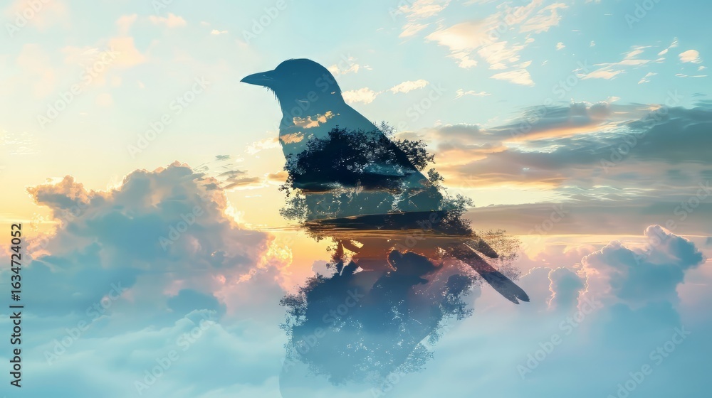 Poster the image is a double exposure composition of a bird silhouette filled with a serene clouds scene