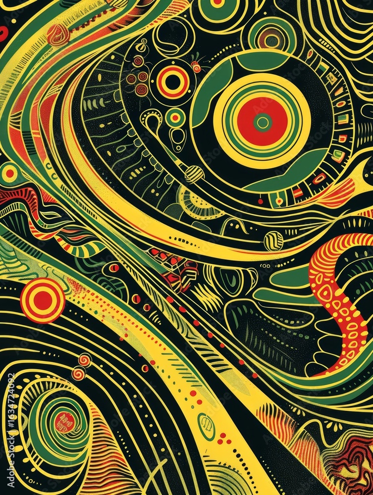 Poster the image showcases an abstract, psychedelic design with intricate patterns and bold shapes