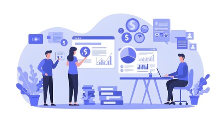 Fototapeta premium Team Working on Financial Consolidation with Laptops in Modern Office, Collaborating for Accurate Reporting, Streamlined Processes, and Effective Business Financial Management