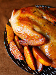 Festive and everyday meals: from waffles and pancakes with jam to salmon, salads, baked chicken, and takeaway food. Seasonal table settings and healthy food in catering or home-style presentation.