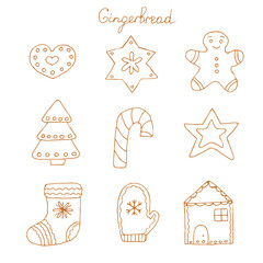 Gingerbread cookies hand drawn doodles, vector illustration