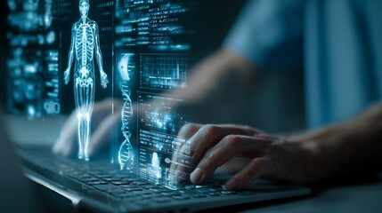 Person typing on laptop displaying futuristic human body and dna data visualization