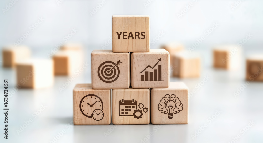 Poster wooden blocks stacked in a pyramid shape with icons representing business and planning concepts, top