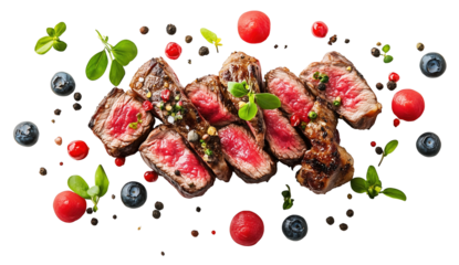 Grilled steak slices arranged with artistic flair, surrounded by fresh herbs, blueberries, and cherry tomatoes, creating vibrant and appetizing presentation., isolated