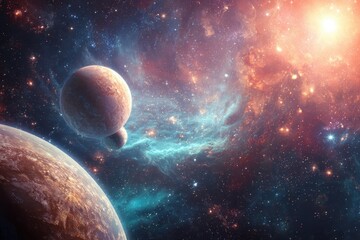 Obraz premium Exploring the beauty of cosmic space with glowing planets, stars, and a vibrant nebula in the endless universe