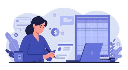 Businesswoman Reviewing Trial Balance with Spreadsheets in Modern Office, Ensuring Financial Accuracy, Effective Bookkeeping, and Reliable Financial Reporting for Business Success
