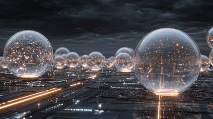 Futuristic city of glowing spheres