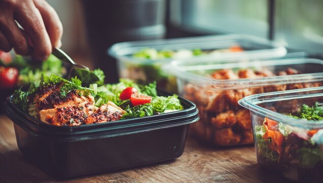 Hand reaching into black meal prep container with salad, chicken, and vegetables.  Several containers of various meals on a wooden surface