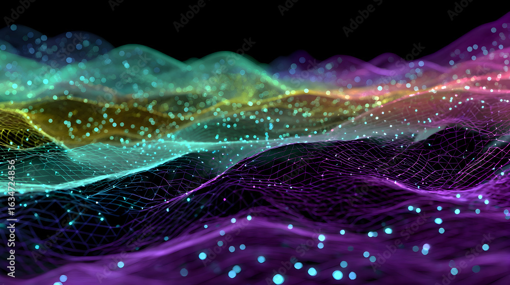 Poster luminous digital waves of data on a gradient mesh landscape.