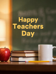 Happy teachers day with apple, books, coffee mug, and pencil on a desk