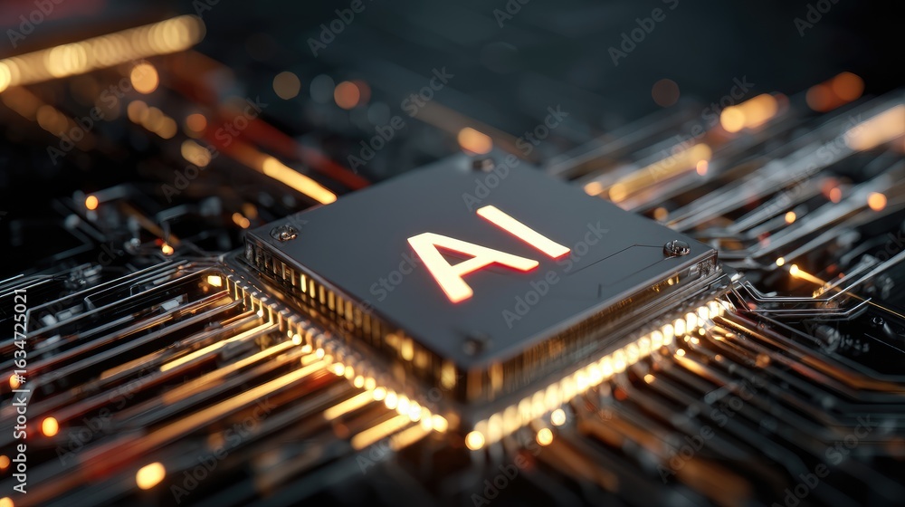 Poster futuristic ai chip with glowing circuits and digital pathways, perfect for illustrating artificial i