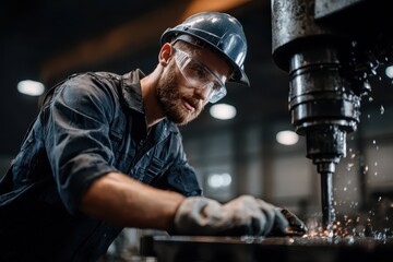 Experienced operator performs precision metalworking in a modern facility during daylight hours with machinery and safety equipment
