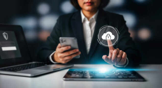 Professional woman touching a cloud icon on a tablet screen, symbolizing secure cloud computing and data protection with technology devices like laptop and smartphone - Powered by Adobe