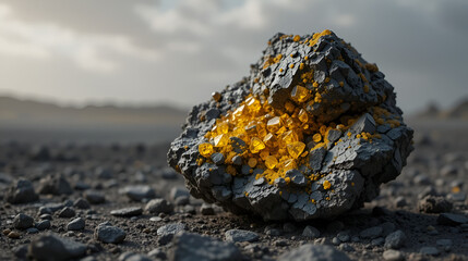 Radioactive uranium mineral on a plain background utilized in nuclear arms