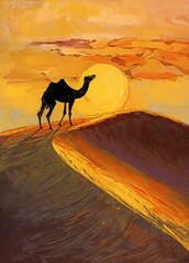 Vibrant oil painting wall art of a camel on a desert dune at sunset.