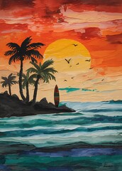 Oil painting wall art, showing a sunset beach scene with palm trees and a surfboard.