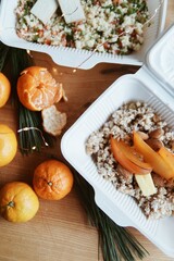 Festive and everyday meals: from waffles and pancakes with jam to salmon, salads, baked chicken, and takeaway food. Seasonal table settings and healthy food in catering or home-style presentation.