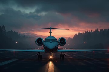 Private jet waiting on airport runway under clear sky before early takeoff
