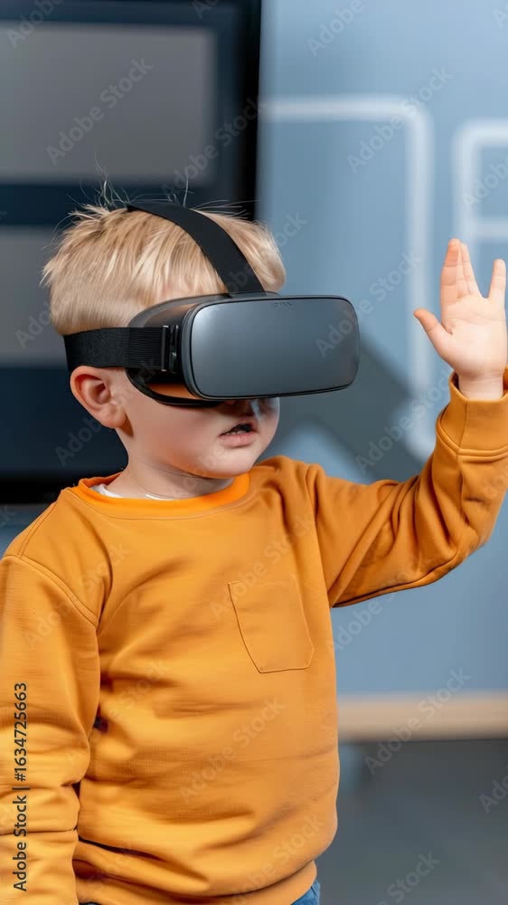 Poster a child engages with virtual reality technology, showing excitement and curiosity while immersed in 