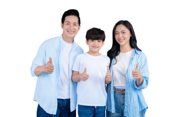 A happy asian family  with cheerful smiles and thumbs-up gestures on png background