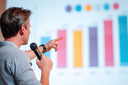 Businessman pointing at colorful bar chart while holding microphone