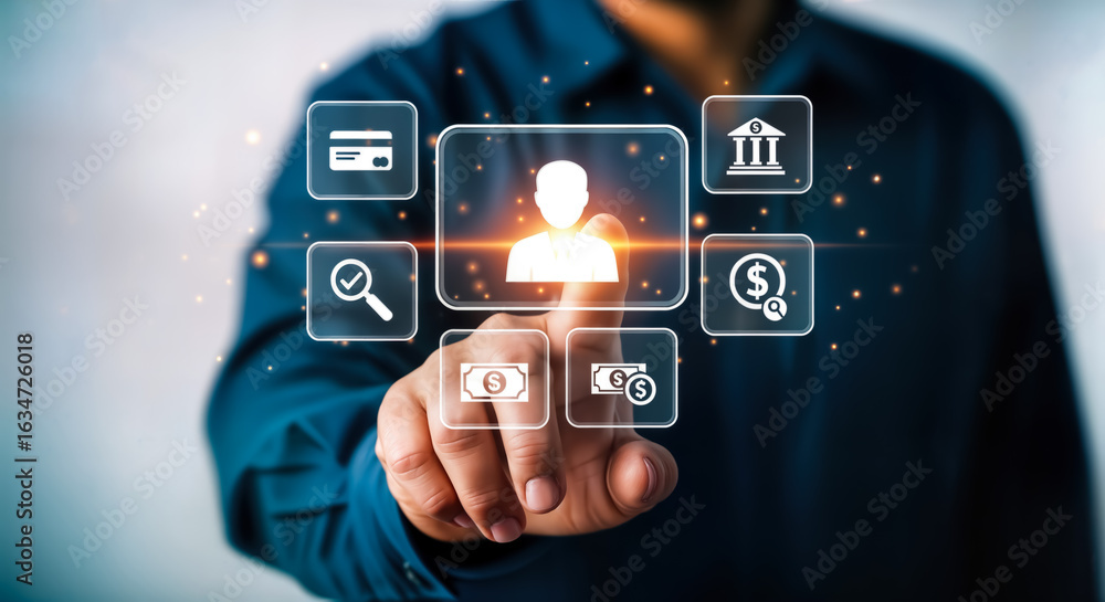 Poster person interacting with a digital interface, touching a user profile icon surrounded by financial an