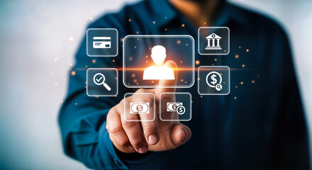 Person interacting with a digital interface, touching a user profile icon surrounded by financial and security icons, representing digital identity and online services