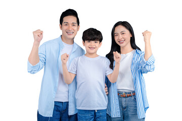 A happy asian family with arms raised. They seem joyful and excited on png background