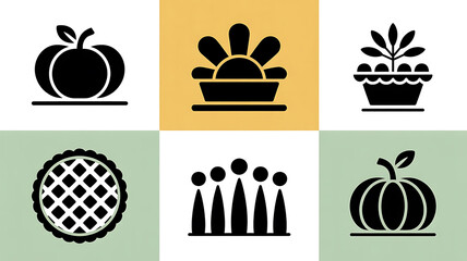 Black icons of fall harvest symbols.
