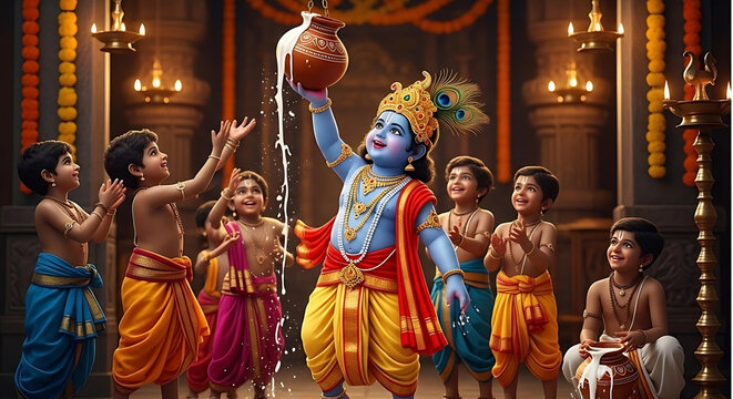Little Krishna Breaking the Dahi Handi - Janmashtami Celebration Scene