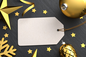 Christmas - Empty Gift Tag on a black stone background with gold colored christmas ornaments...