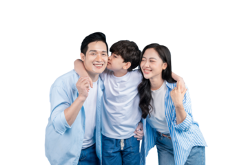 A family, embracing and full of love and happiness on a plain background. A child is kissing the father on his cheek