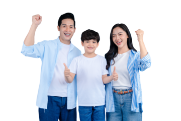 A happy asian family  of three, a father, a mother, and their son. They are raising their hands up, with bright smiles on their faces on png background