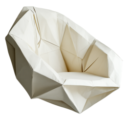 Modern chair with origami inspired design, featuring geometric folds and sleek, minimalist style. chair is white and appears to be made of lightweight material, resembling paper art., isolated