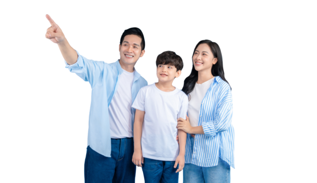A happy asian family pointing at something, wearing casual clothes with a bright expression on png background