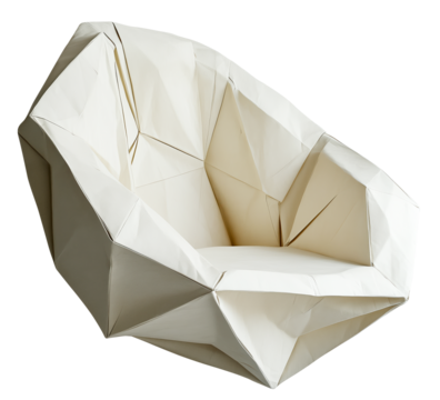Modern chair with origami inspired design, featuring geometric folds and sleek, minimalist style. chair is white and appears to be made of lightweight material, resembling paper art., isolated