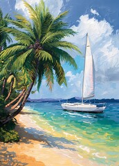 Oil painting wall art, showing a sailboat anchored near a tropical beach.